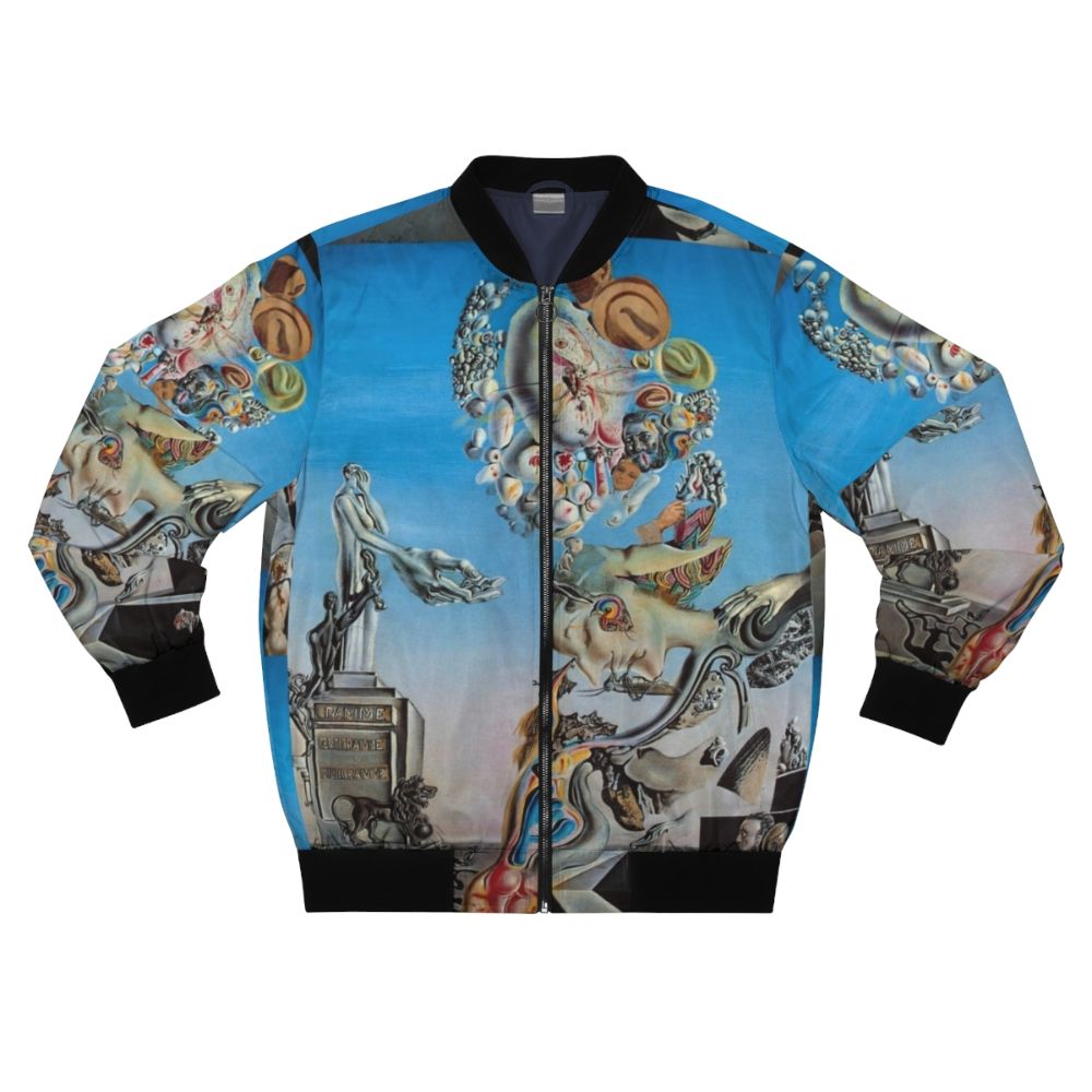 Surrealist bomber jacket with melting landscape and Dali-esque elements