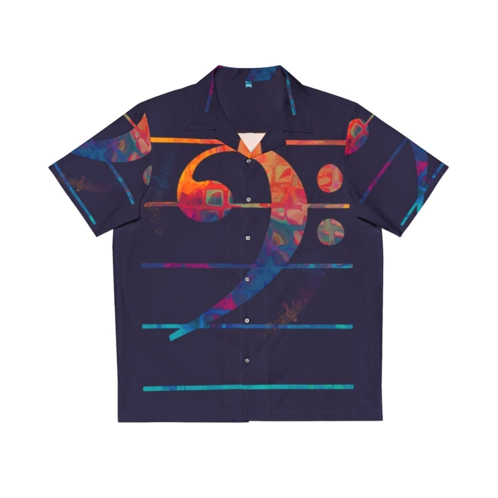 Vibrant bass clef design on a high-quality Hawaiian shirt