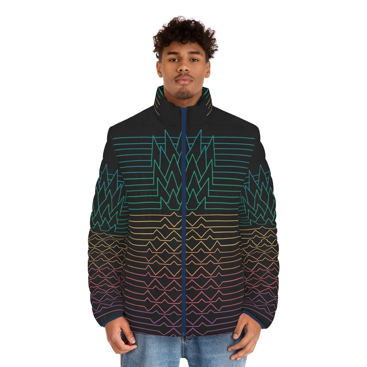 Hala Kahiki puffer jacket with minimalist tropical and synth-inspired graphic design - men front