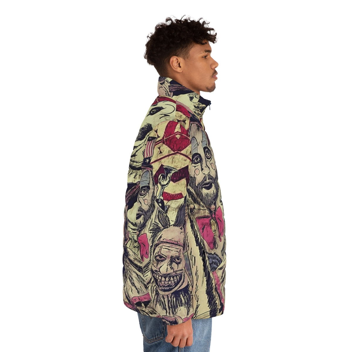 Creepy clown puffer jacket with horror movie-inspired design - men side right