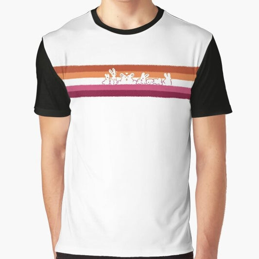 Lesbian Pride Rabbits Graphic T-Shirt featuring two rabbits in pride flag colors