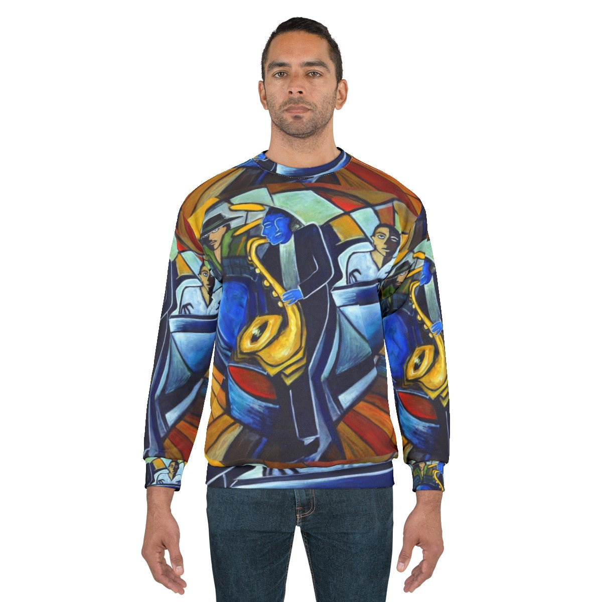 Jam Session Sweatshirt featuring jazz, blues, and music motifs - men