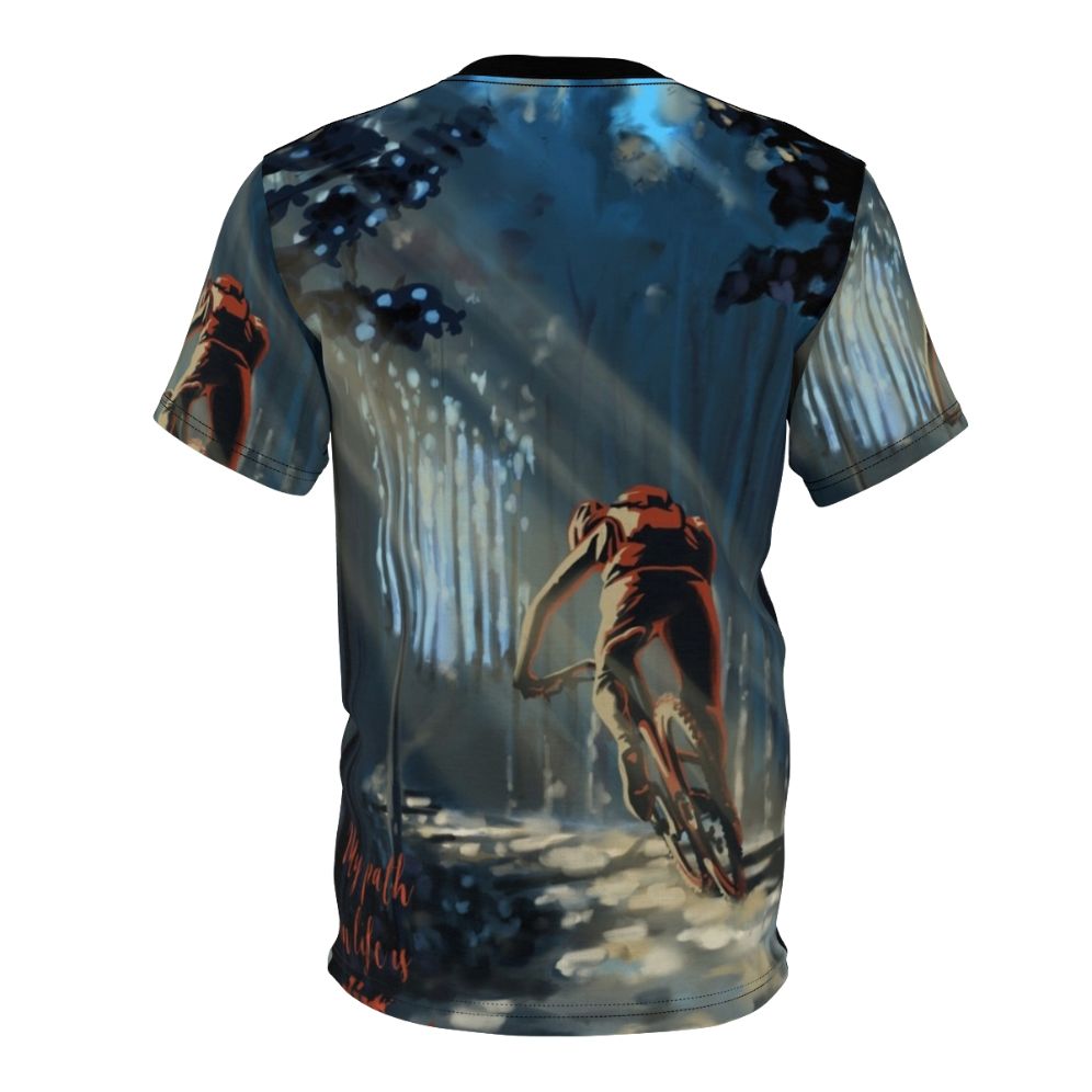 A stylized t-shirt design featuring a mountain biker riding through a forested landscape - Back