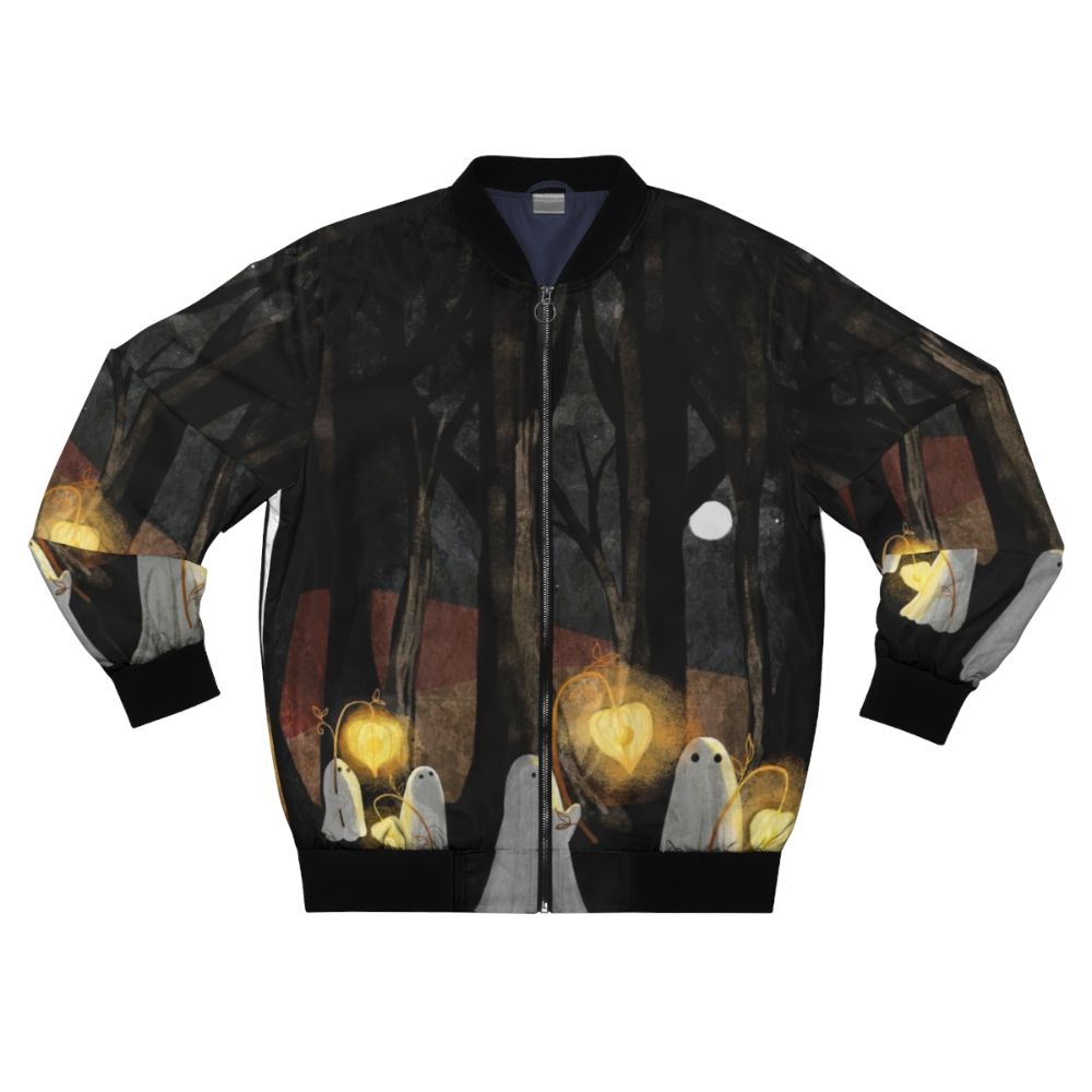 Haunted Ghost Bomber Jacket in a Spooky Forest Landscape with Glowing Lights