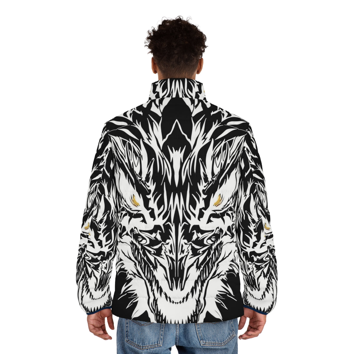 White dragon with yellow eyes tattoo design on cozy puffer jacket - men back