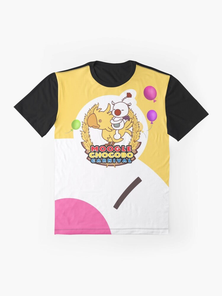 A colorful graphic t-shirt featuring Chocobos and Moogles from the Final Fantasy series, including characters like Noctis. - Flat lay