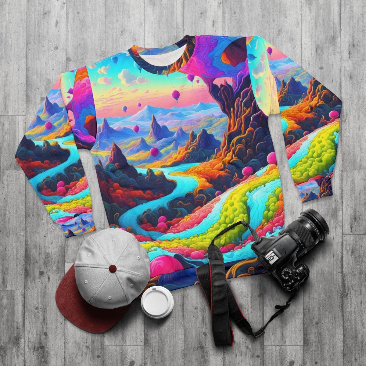 Dreamscape Sweatshirt with Psychedelic, Neon, and Trippy Urban Landscape Design - flat lay