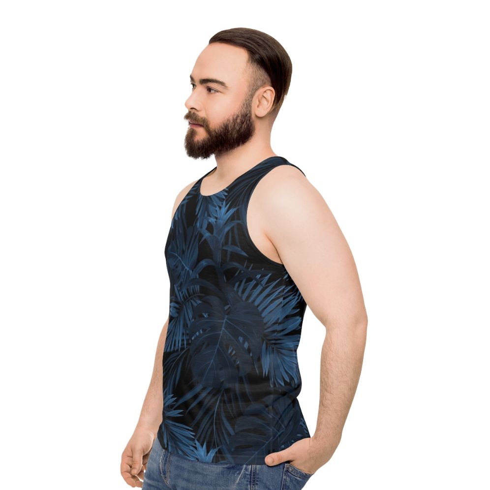 Tropical Indigo Blue Unisex Tank Top with Botanical Leaf Print - men side