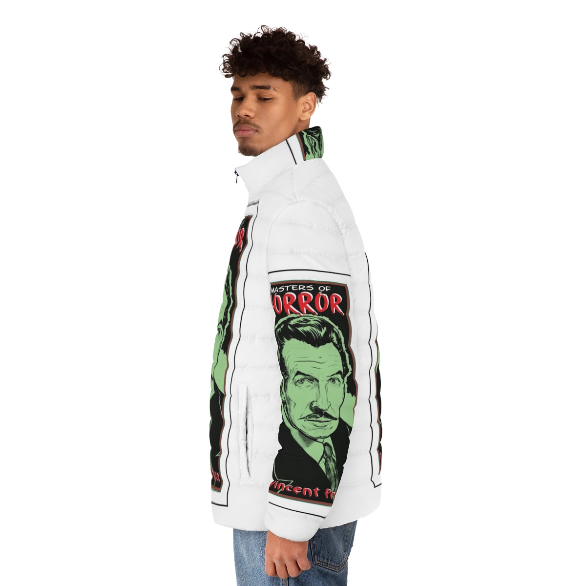 Vincent Price Master of Horror Puffer Jacket with horror movie icons - men side left