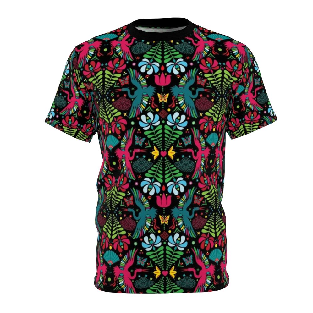 A colorful and artistic t-shirt design featuring a crane in flight amidst floral and cultural patterns