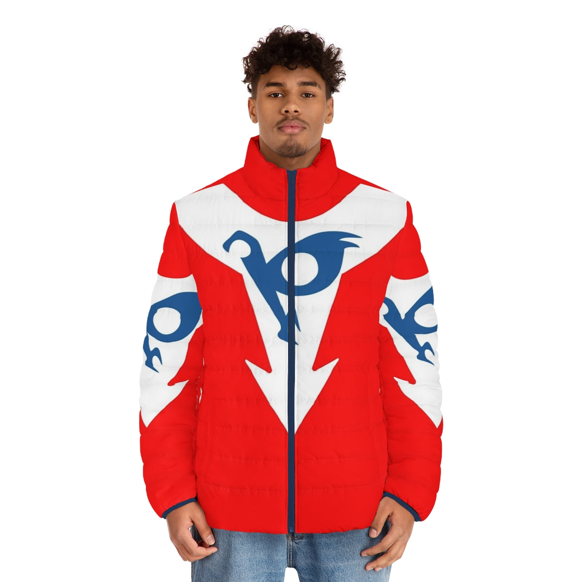 A stylish puffer jacket featuring the character Hurricane Polimar from anime and manga. - men front