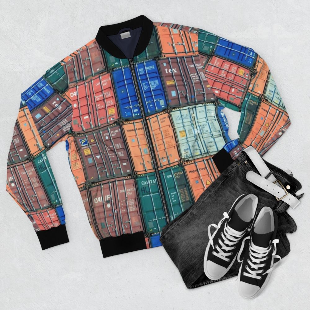 Stylish bomber jacket with shipping container and sea-inspired design - Flat lay