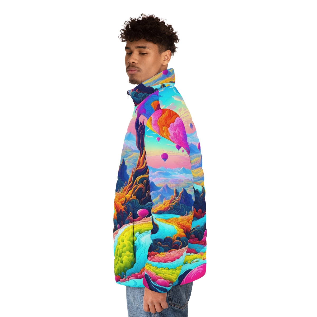 Dreamscape Puffer Jacket 2 - Vibrant, colorful, and psychedelic puffer jacket with neon city lights design - men side left