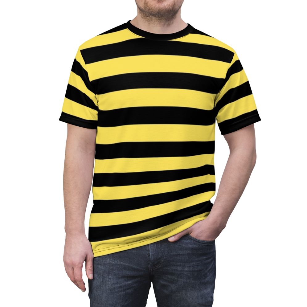 Stylish black and yellow striped t-shirt with a bold, graphic design inspired by the popular "Me Before You" movie and book. - men front