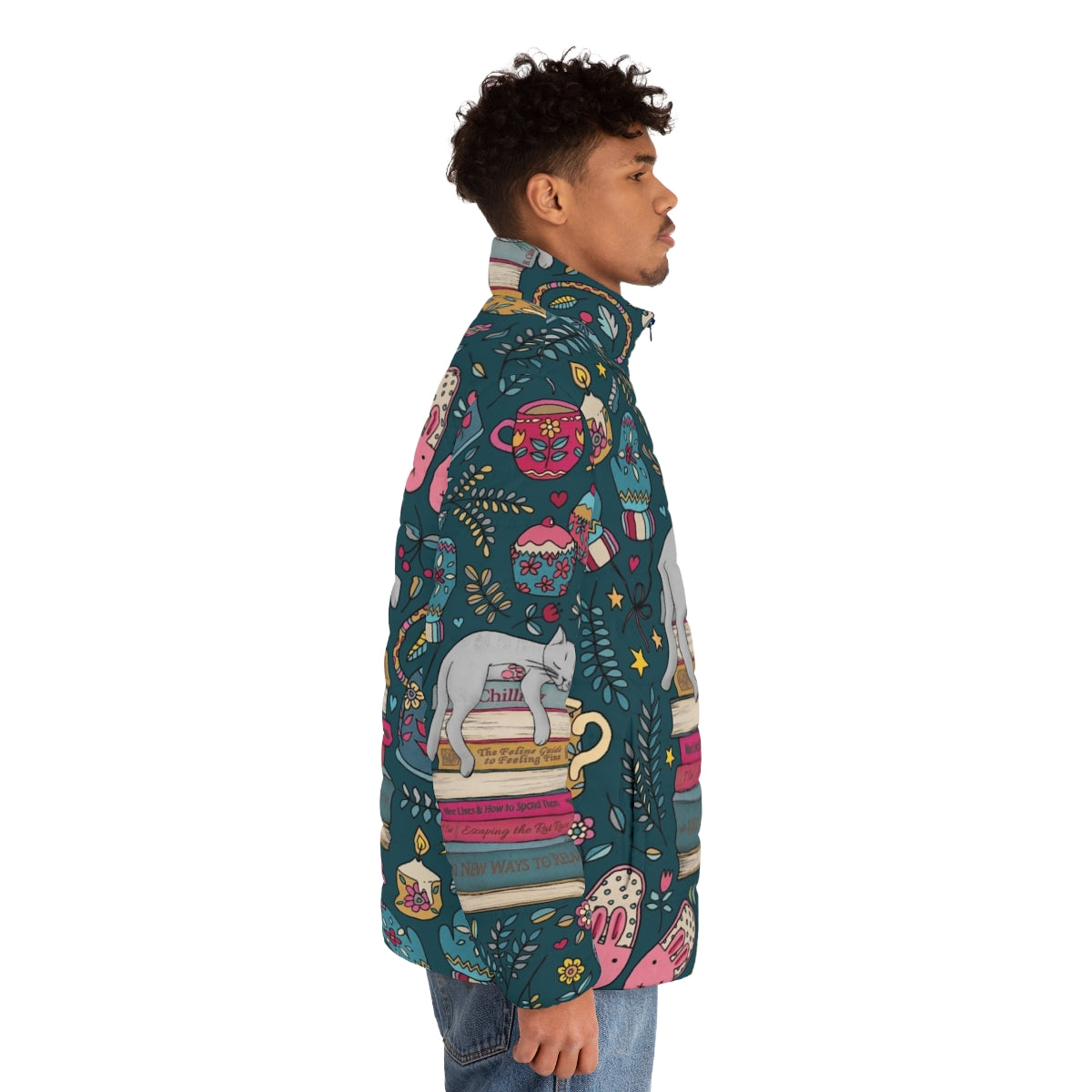 Cozy cat puffer jacket with a hygge-inspired design - men side right