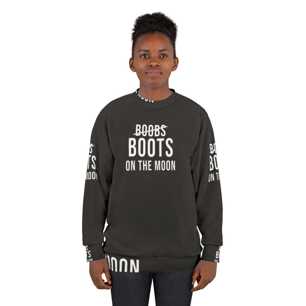 Black sweatshirt with "Boots On The Moon" design, inspired by Netflix's Space Force - women