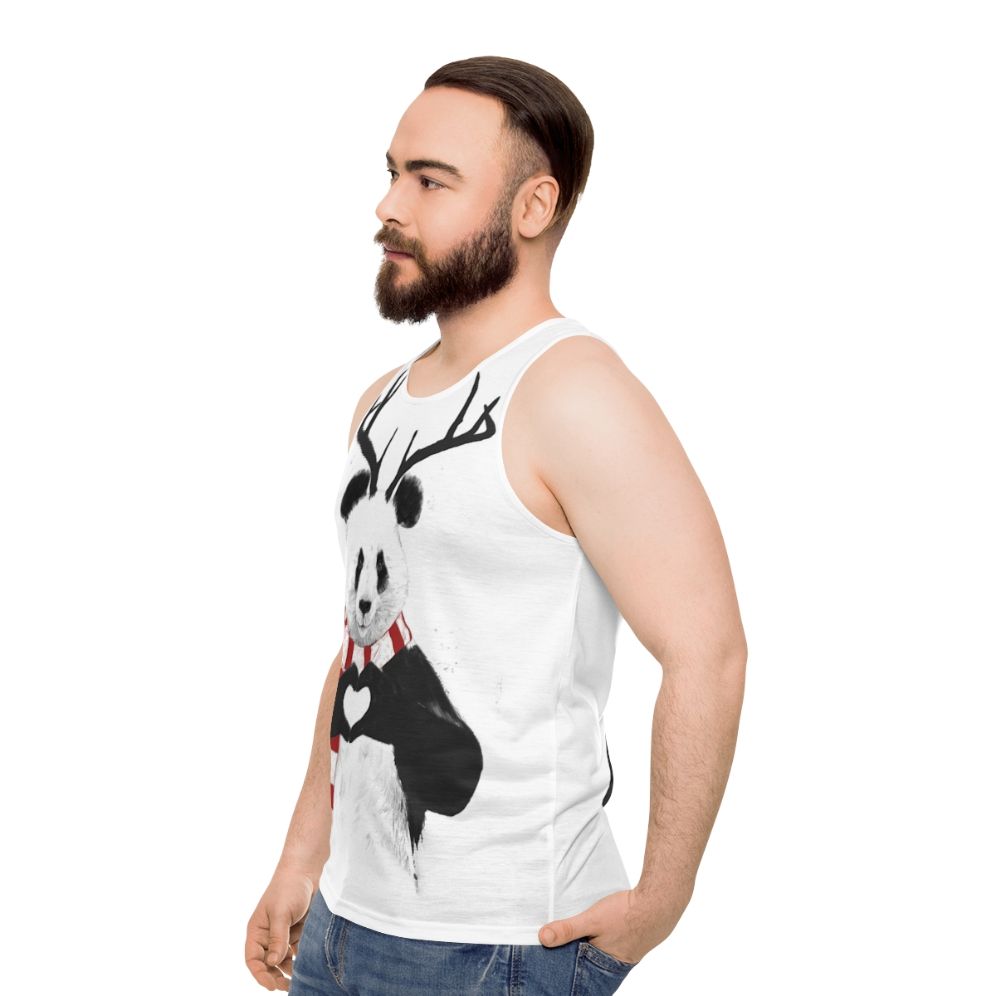 Panda wearing antlers on a Christmas-themed unisex tank top - men side