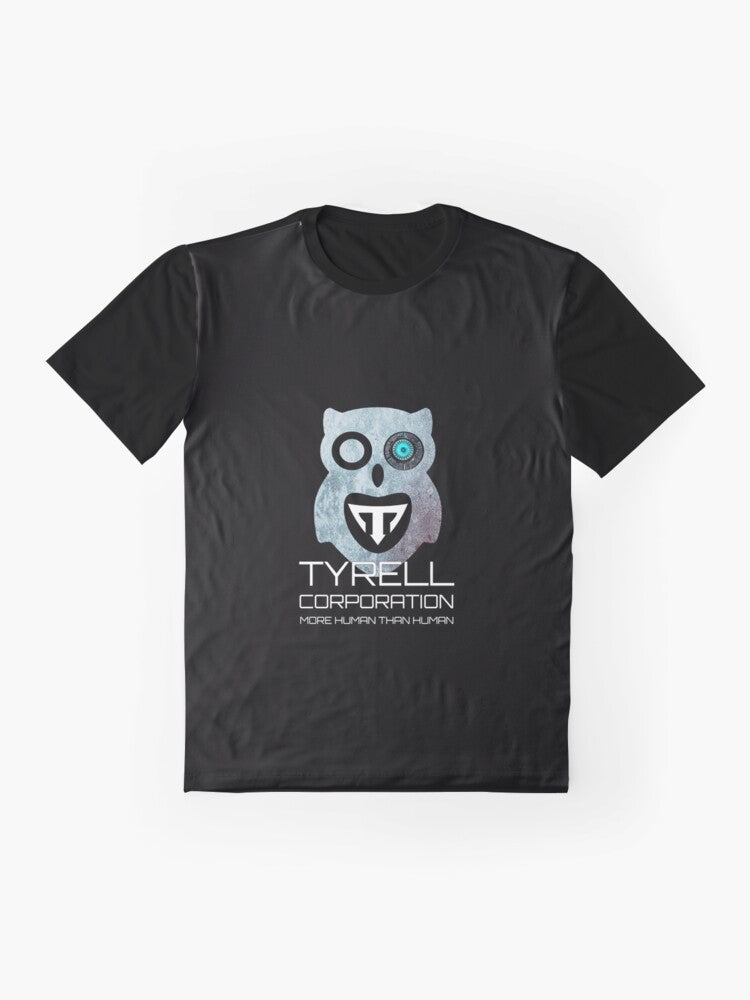 Bladerunner sci-fi graphic t-shirt featuring replicants, Tyrell Corporation, and futuristic imagery - Flat lay