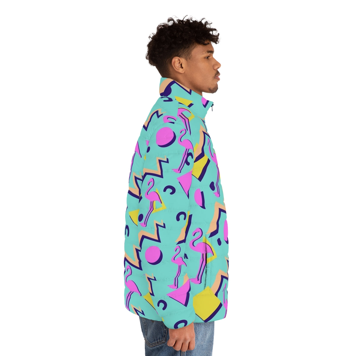 80s Memphis Pattern Puffer Jacket with Retro Pop Art Design - men side right