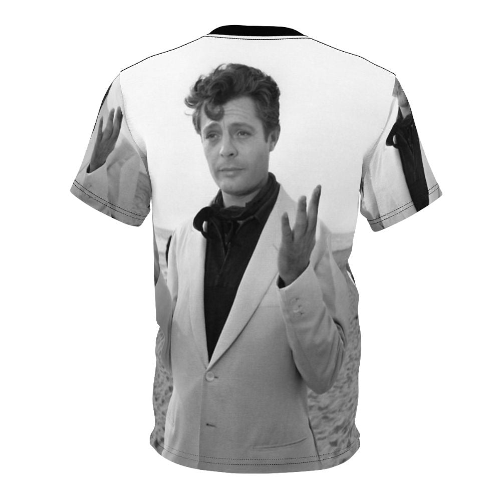 Vintage-style T-shirt featuring an illustration of iconic Italian actor Marcello Mastroianni from classic 1960s films. - Back