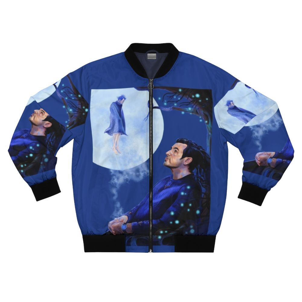 A bomber jacket featuring a magical moonlit night scene with a man, tree, owl, and other fantastical elements inspired by Claes Bang's portrayal of Dracula.