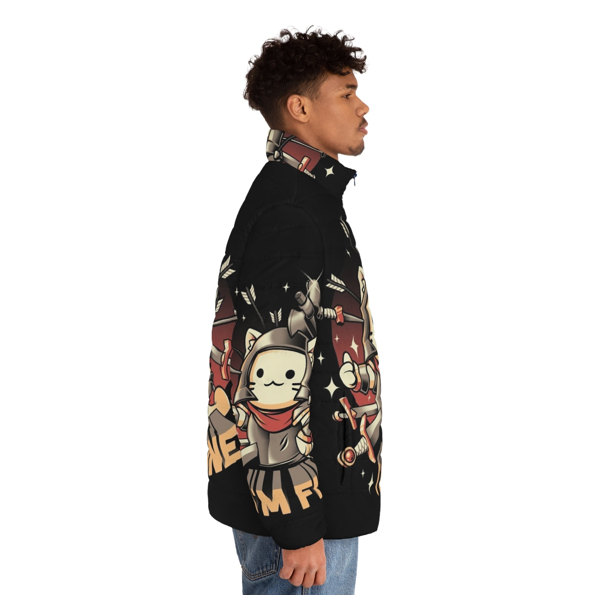 Cute "I'm Fine" puffer jacket with cat knight design for anime and manga lovers - men side right