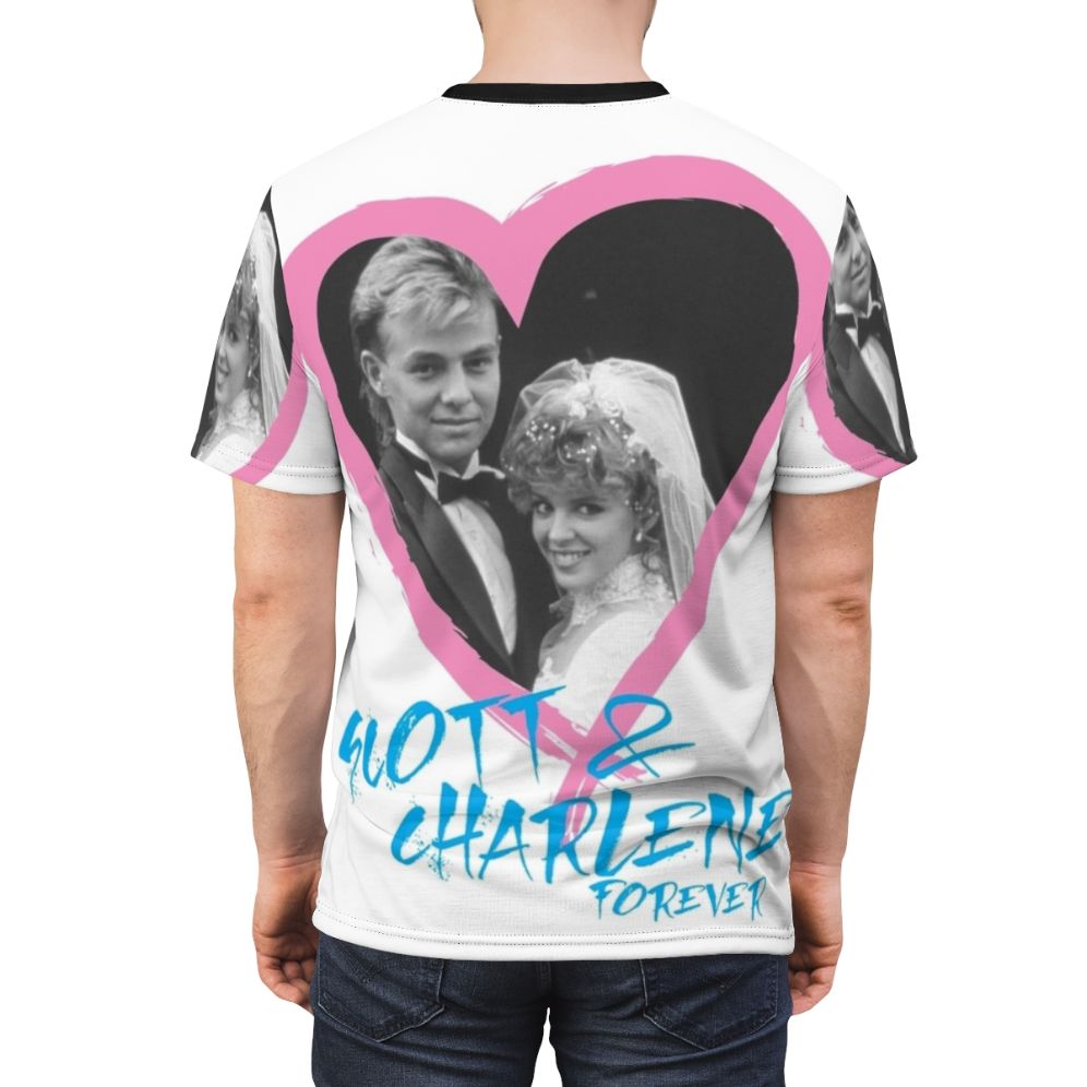 Commemorative t-shirt featuring the iconic Neighbours couple Scott and Charlene - men back