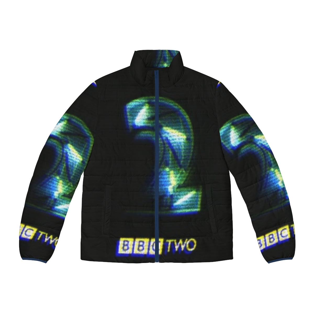 Retro 90s BBC 2 neon puffer jacket with iconic TV logo