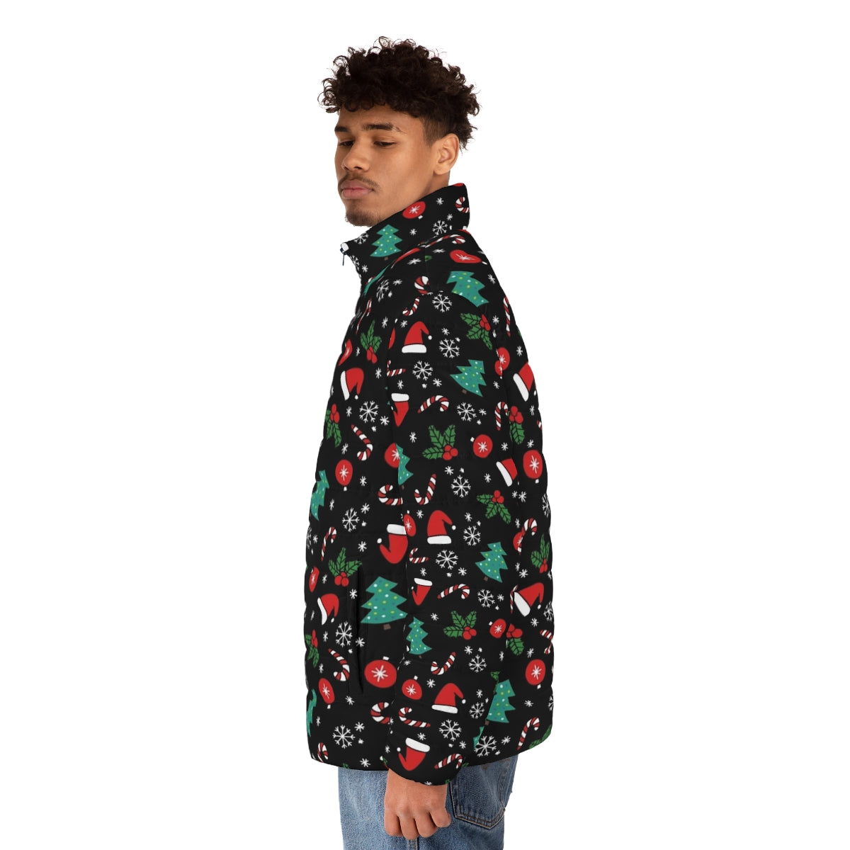 Christmas puffer jacket with winter pattern - men side left