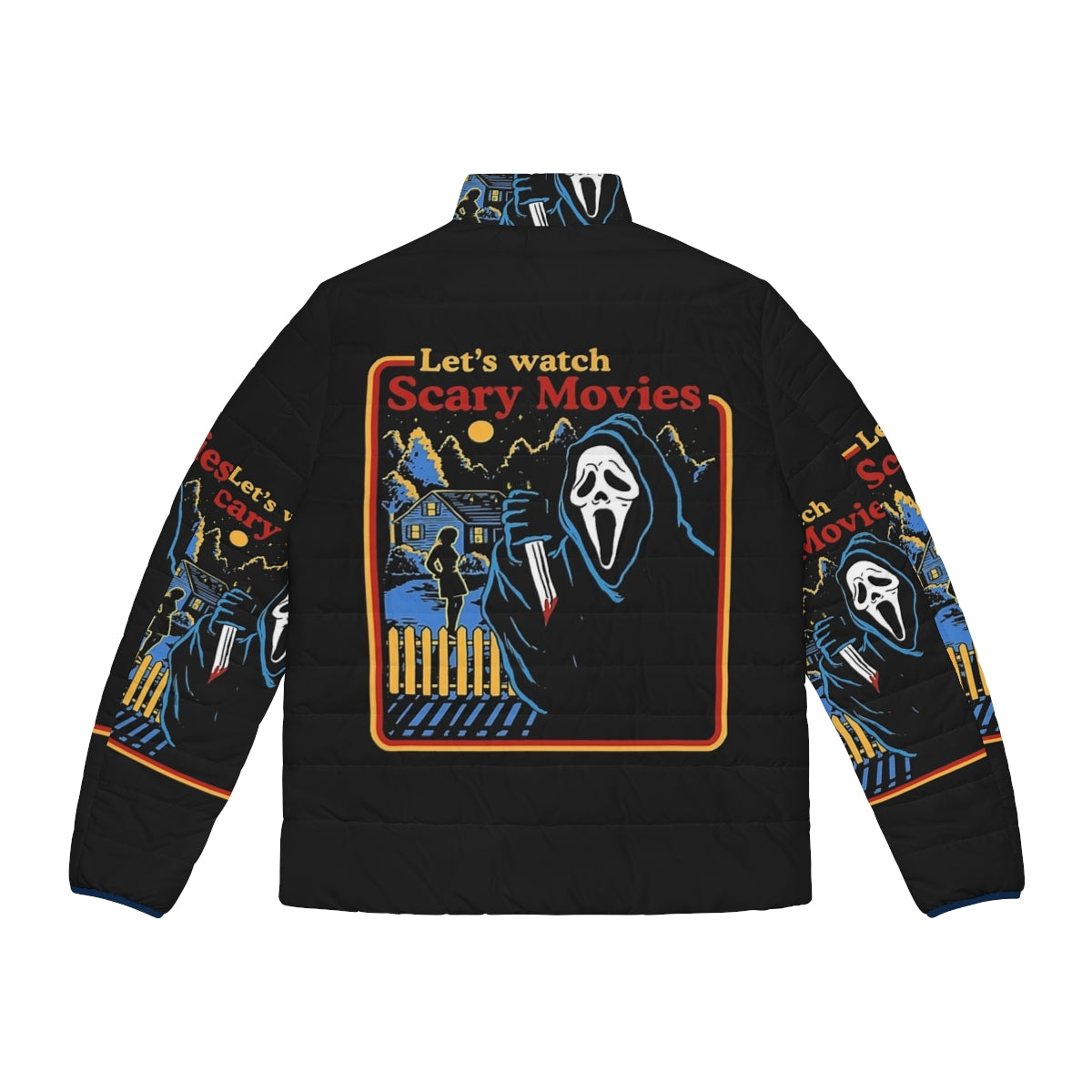 Scary horror puffer jacket with ghost design and "Let's Watch Scary Movies" text - Back