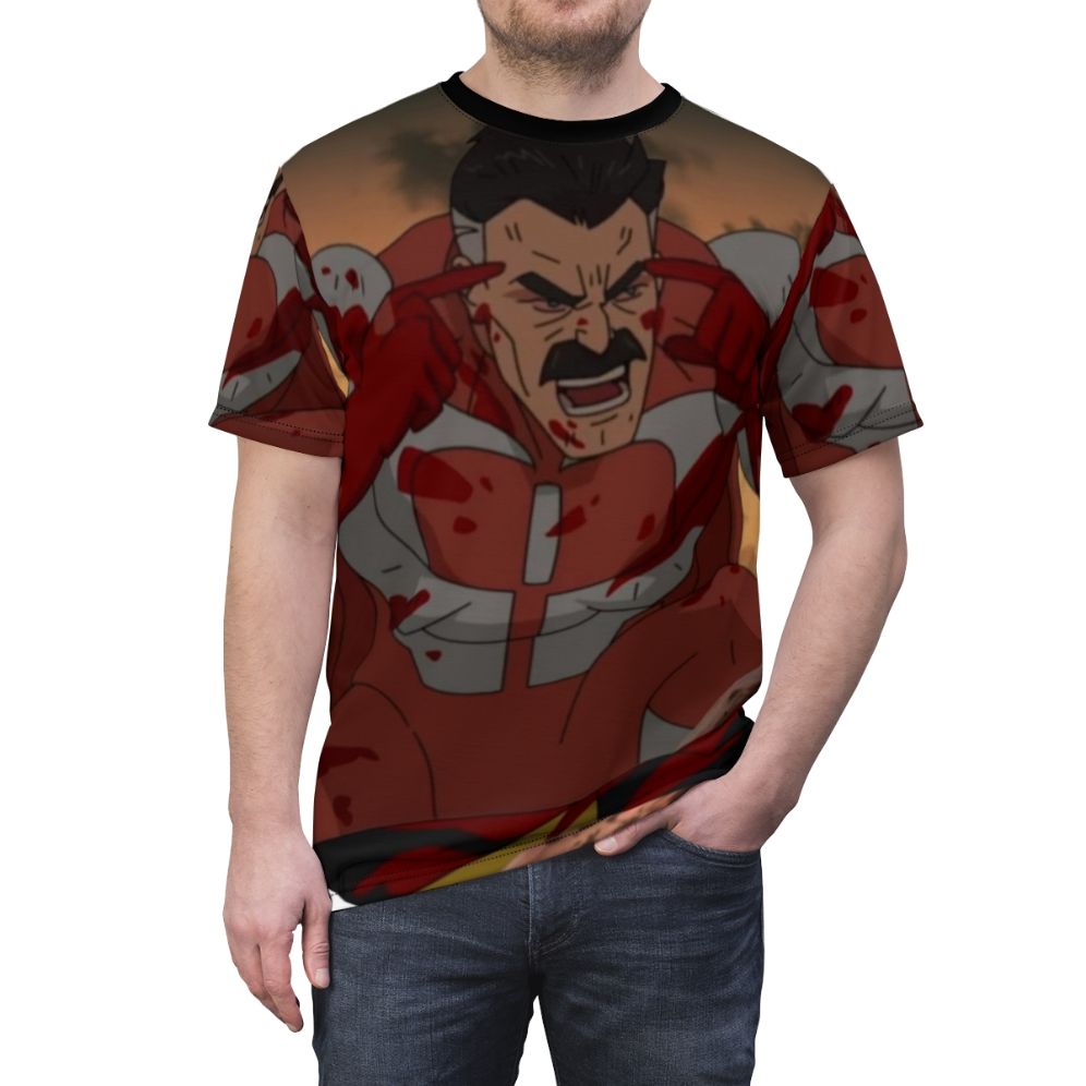 Stylish Omni Man inspired t-shirt featuring the Invincible superhero character - men front