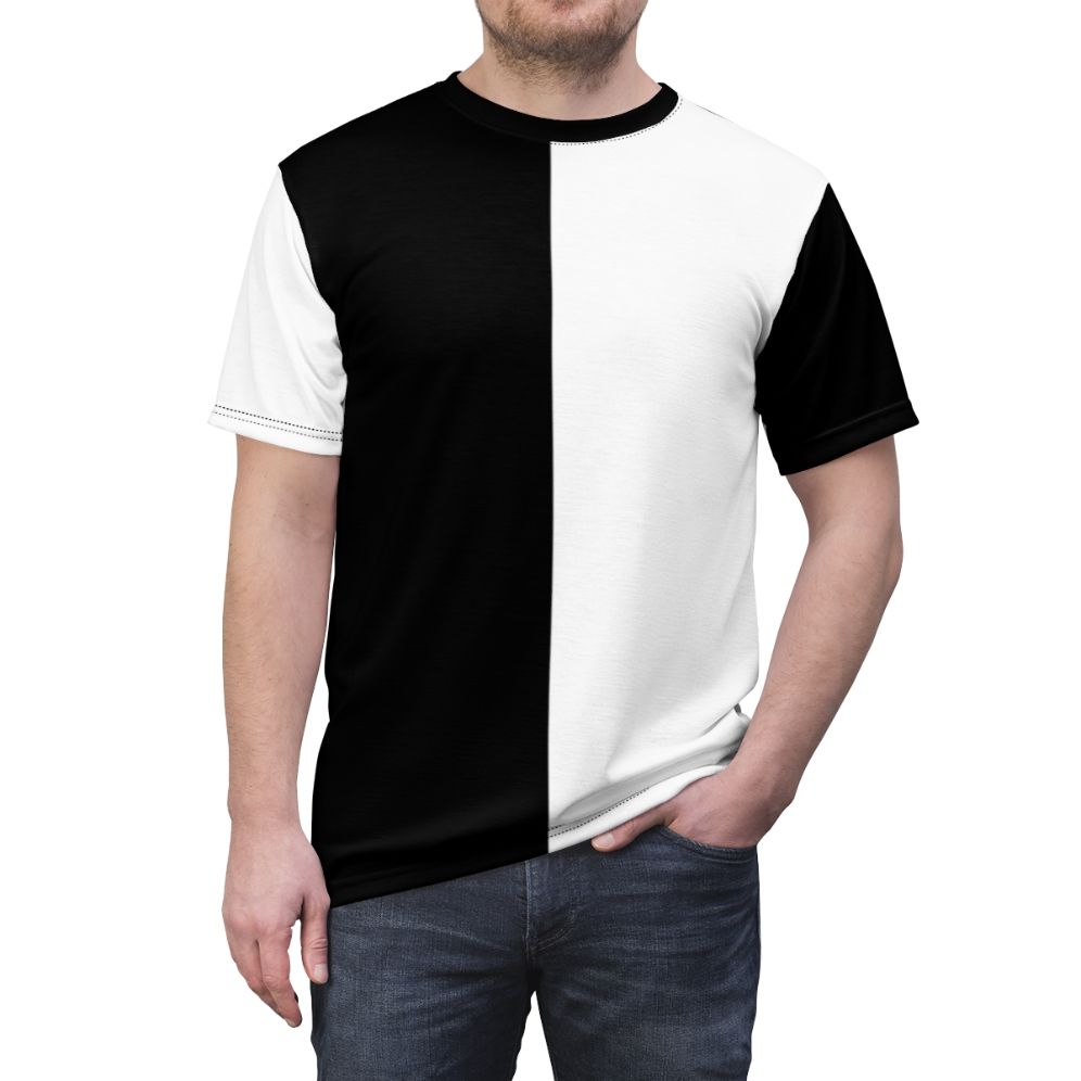 Model wearing a black and white color block graphic t-shirt - men front