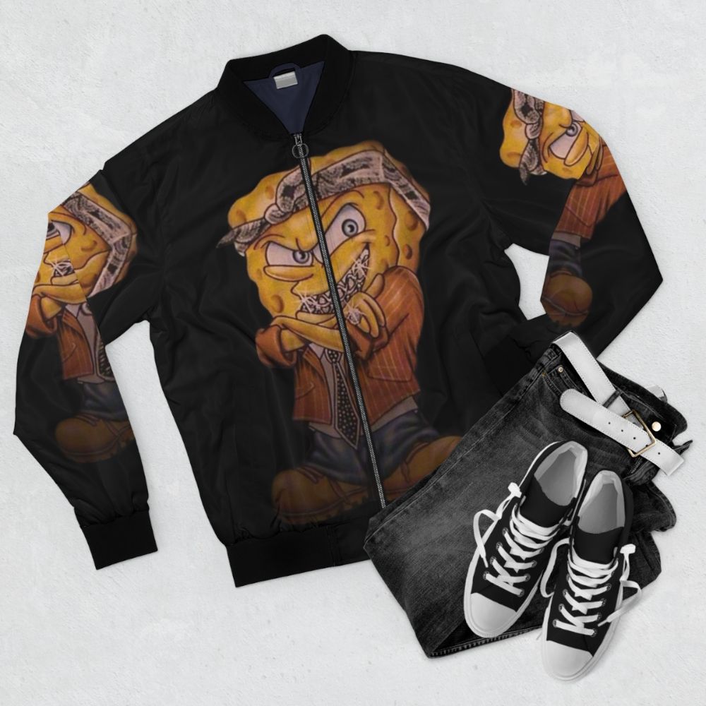 Spongebob Gangsta Bomber Jacket with money, tie, and bandana accessories - Flat lay