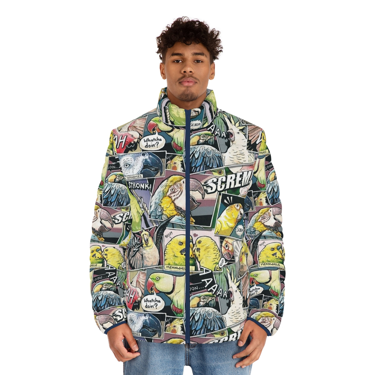 Parrot comic style puffer jacket with vibrant bird print design - men front