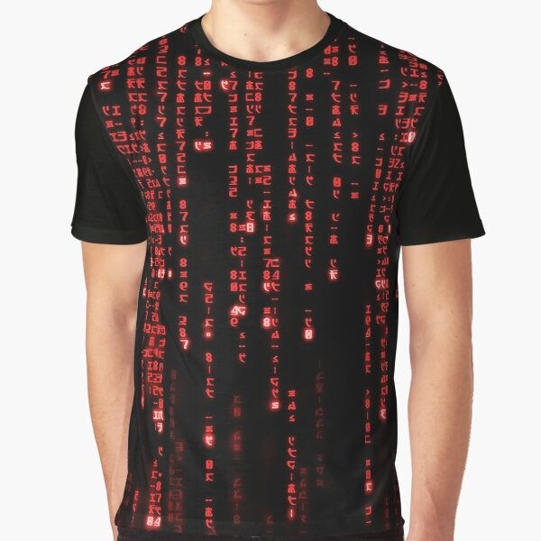 Red Matrix Code Graphic T-Shirt featuring binary digits and computer programming elements