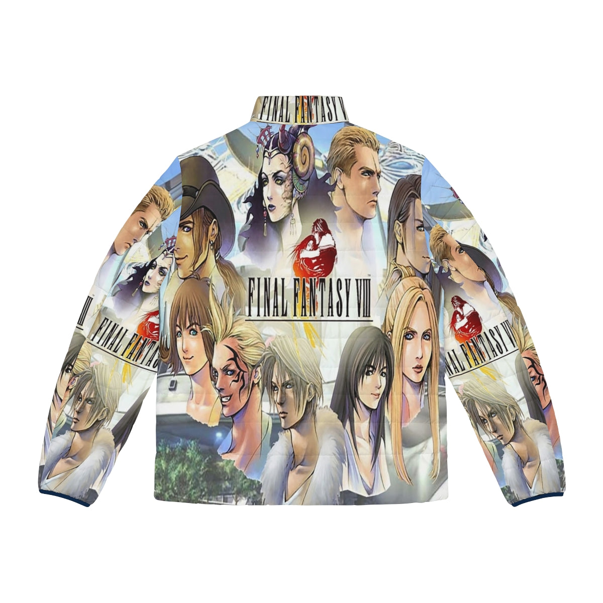 Final Fantasy VIII Puffer Jacket featuring iconic game characters and elements - Back