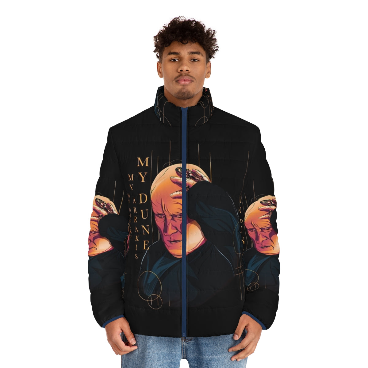 Dune Baron Harkonnen Puffer Jacket featuring shai hulud and desert planet Arrakis imagery - men front