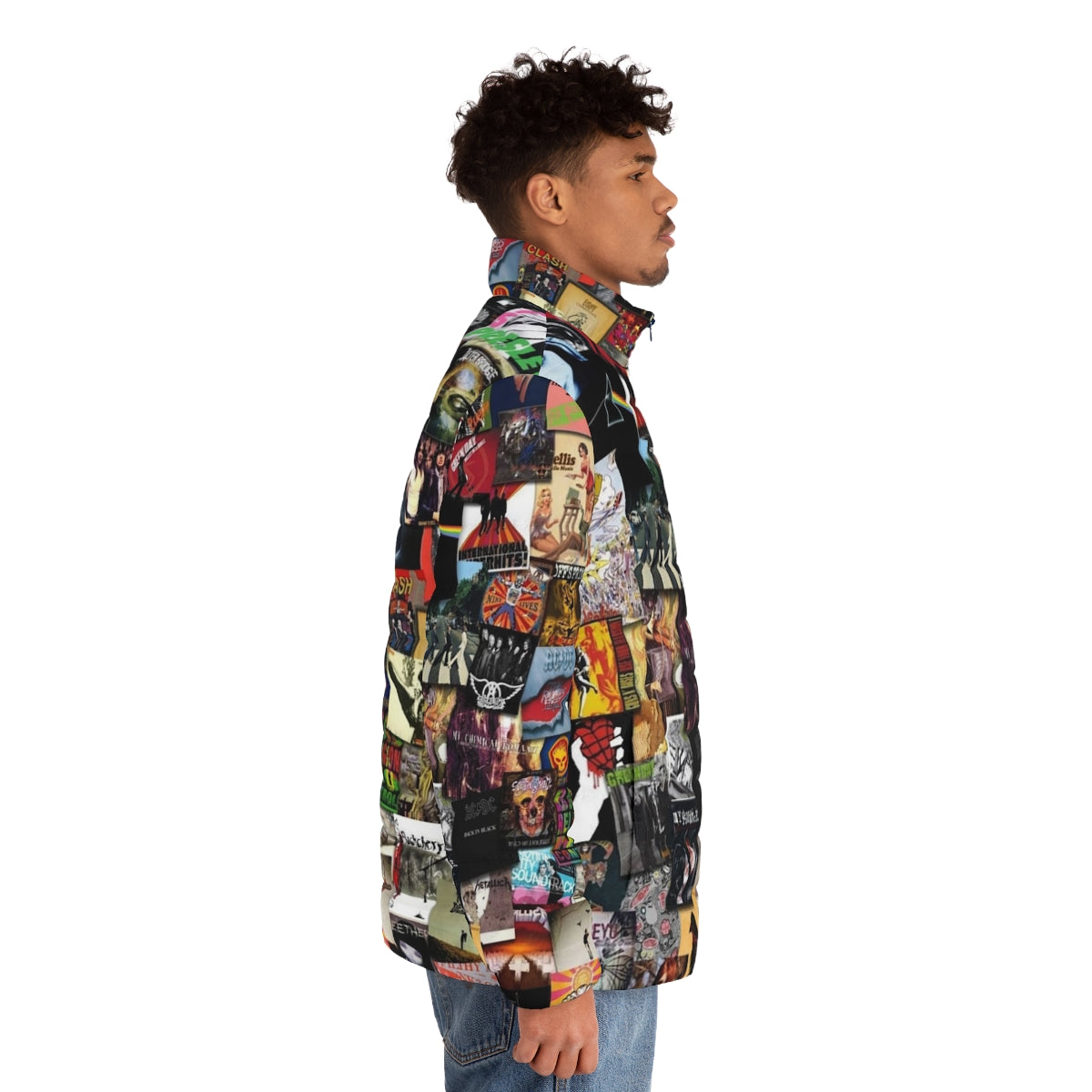 A puffer jacket featuring a collage of music album covers and band logos - men side right