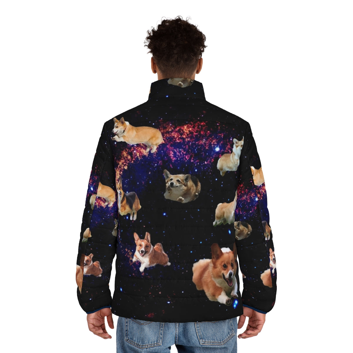 A colorful puffer jacket featuring a cute corgi in an outer space, cosmic design. - men back