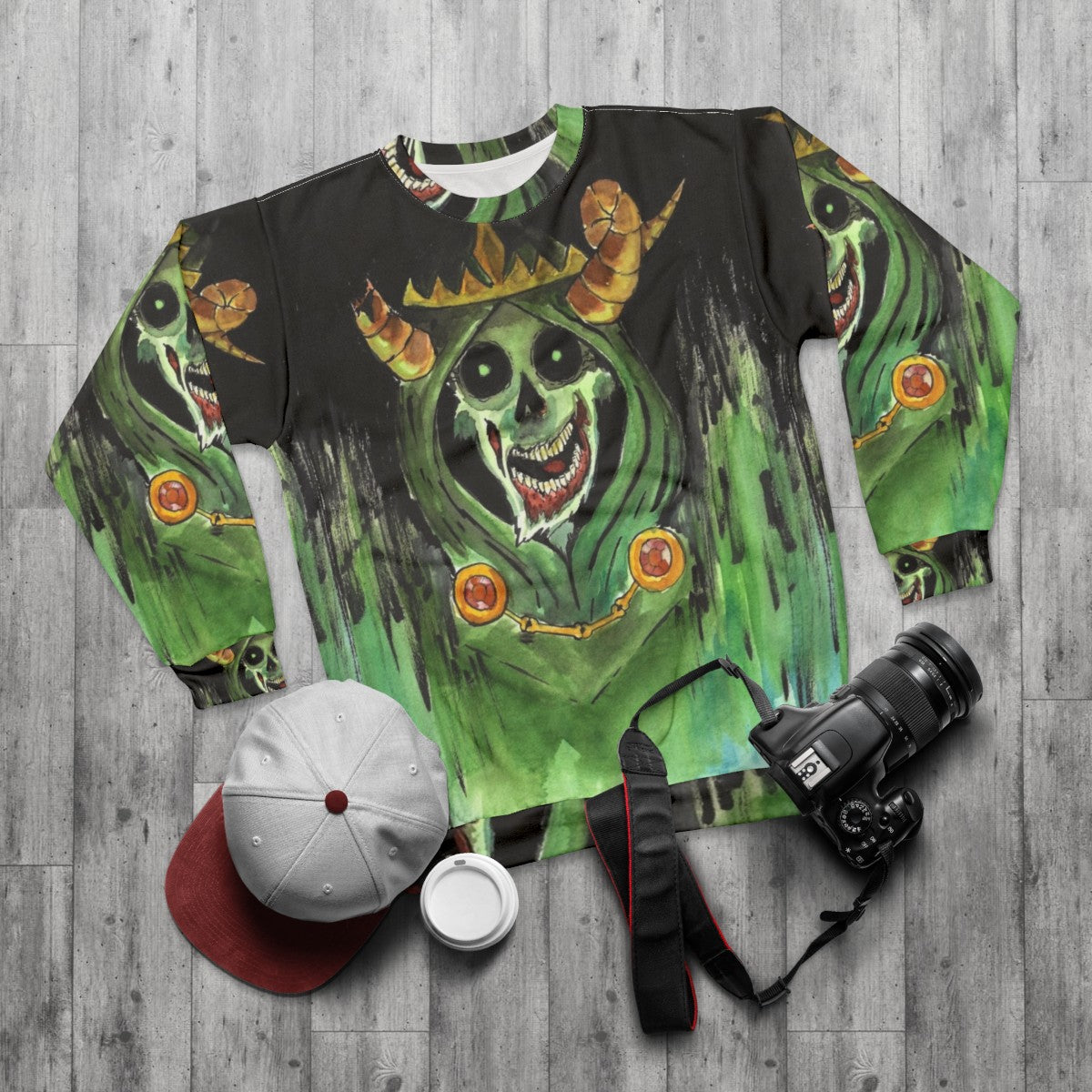 The Lich Horror Sweatshirt with skull and zombie design - flat lay