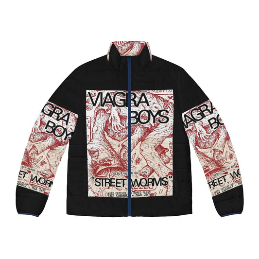 Viagra Boys Street Worms Puffer Jacket featuring yin yang pattern and minimalist design