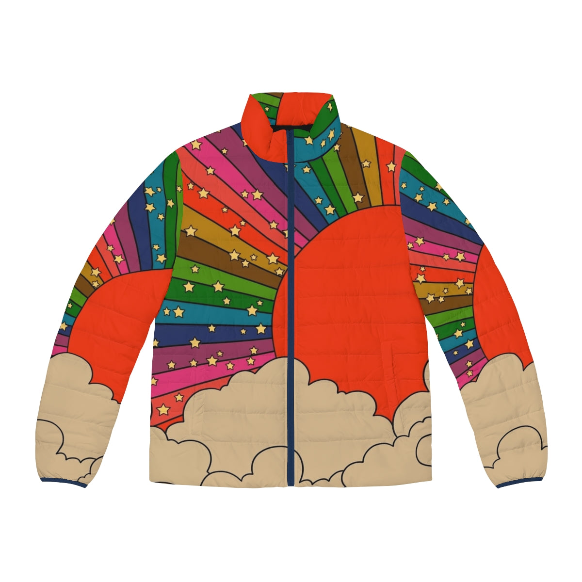 Vibrant rainbow-colored puffer jacket with a 70s groovy style