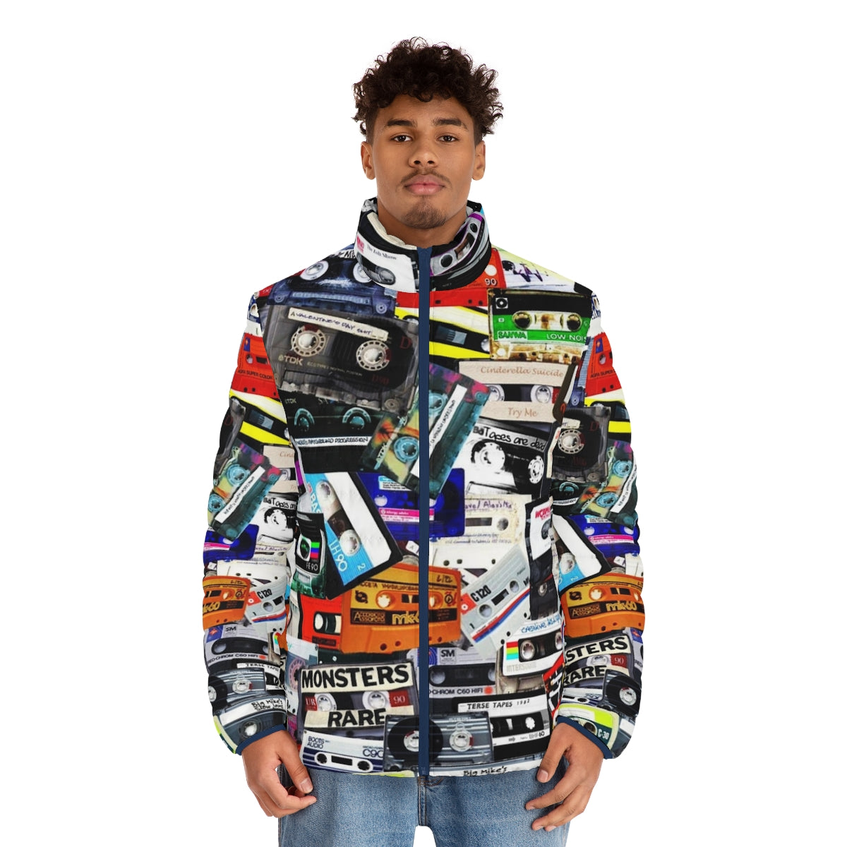 Cassette tape puffer jacket with a retro, nostalgic design - men front