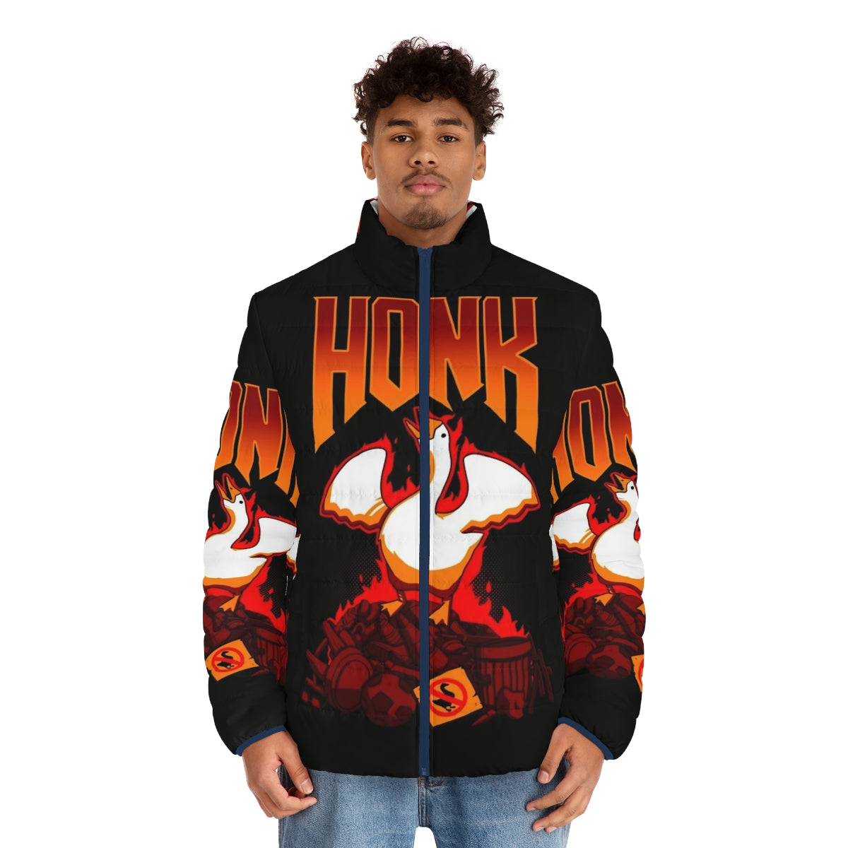 Honk Puffer Jacket featuring a gaming goose graphic for gamers and geeks - men front