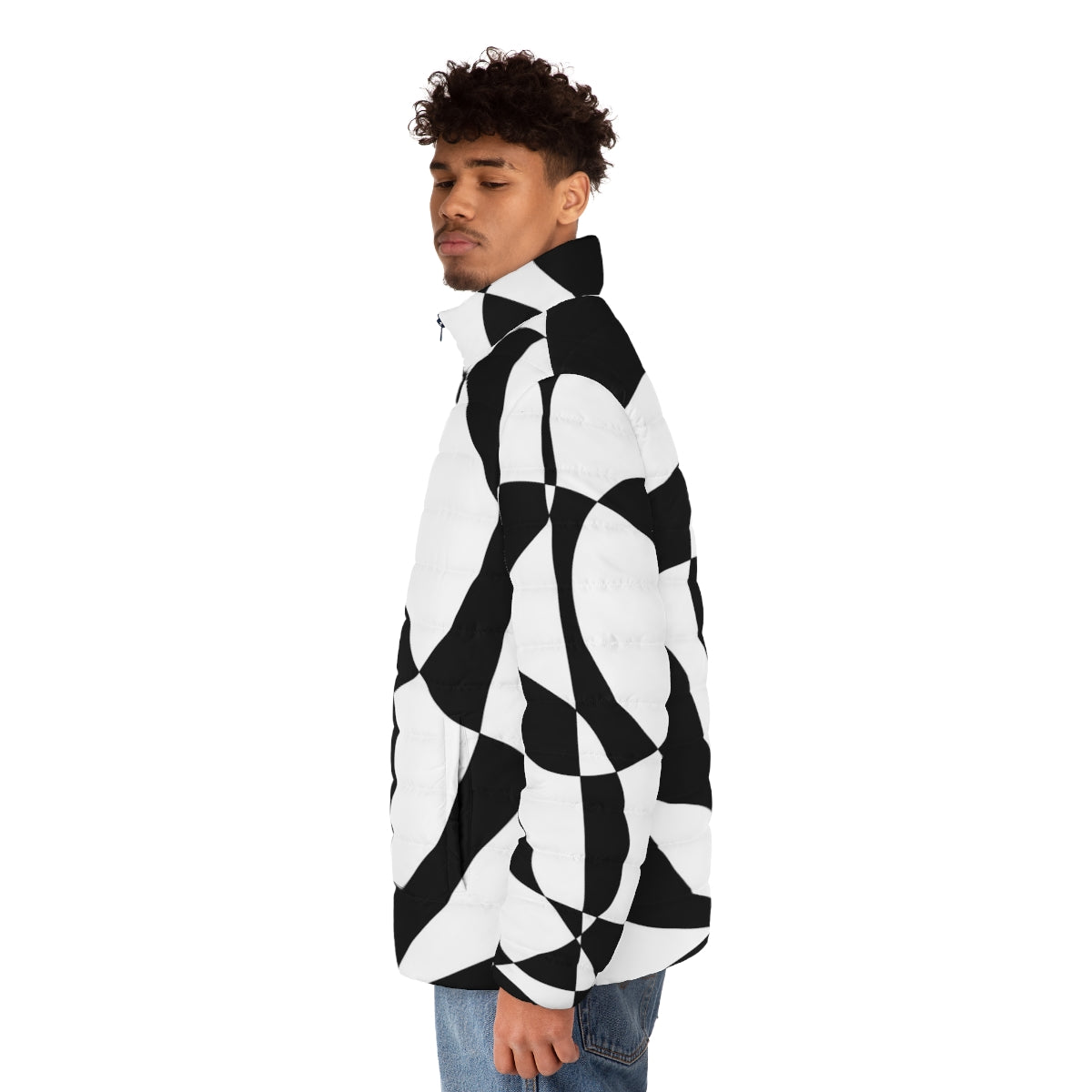 Vintage 1960s puffer jacket with abstract black and white geometric pattern - men side left