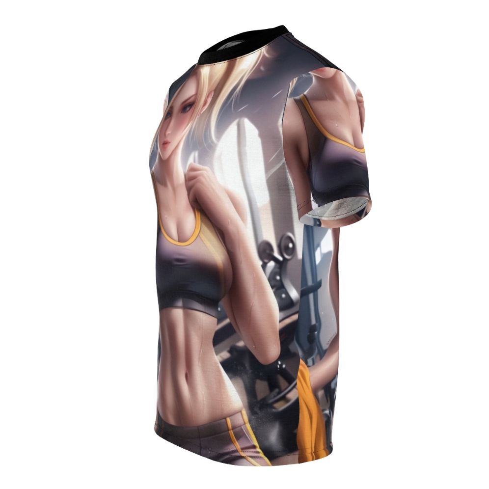 Stylish t-shirt featuring a female anime character in athletic gear for the gym or workout. - men left