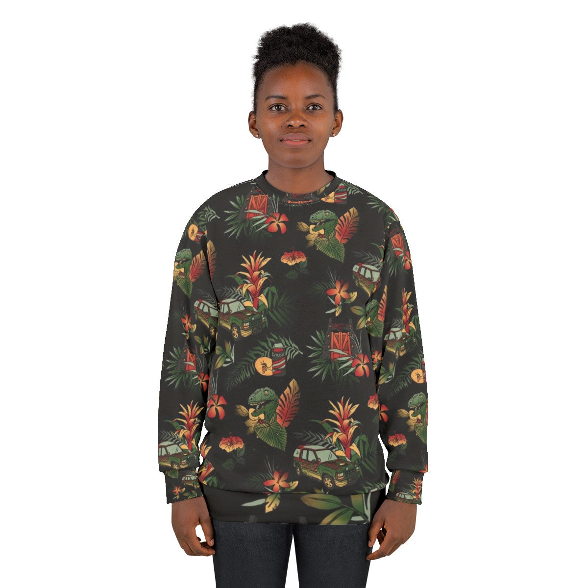 Jurassic themed sweatshirt with dinosaur print design - women