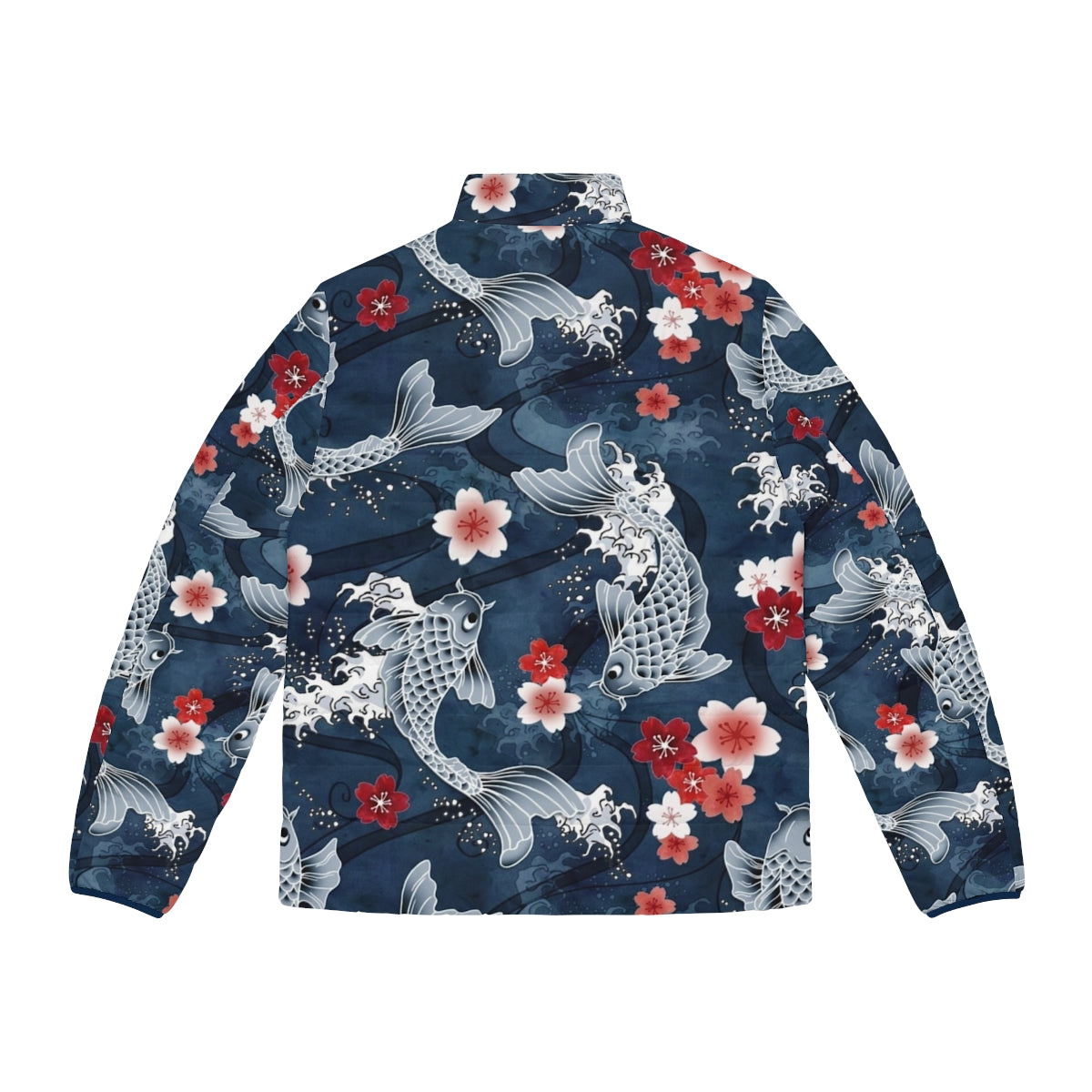 Blue puffer jacket with floral koi fish and sakura blossom watercolor design - Back