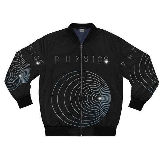 Bomber jacket with a graphic design featuring the Doppler effect, physics, and math elements