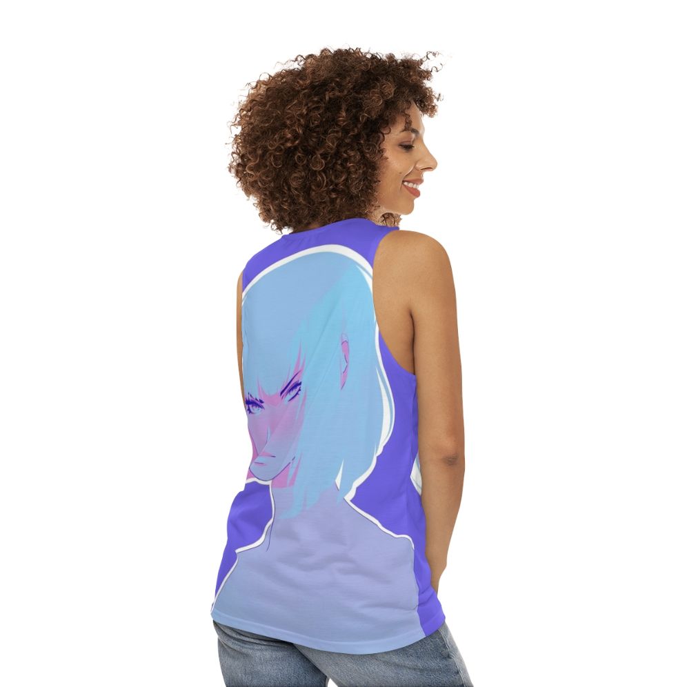 Colorful unisex winter tank top with anime-inspired flat design - women back